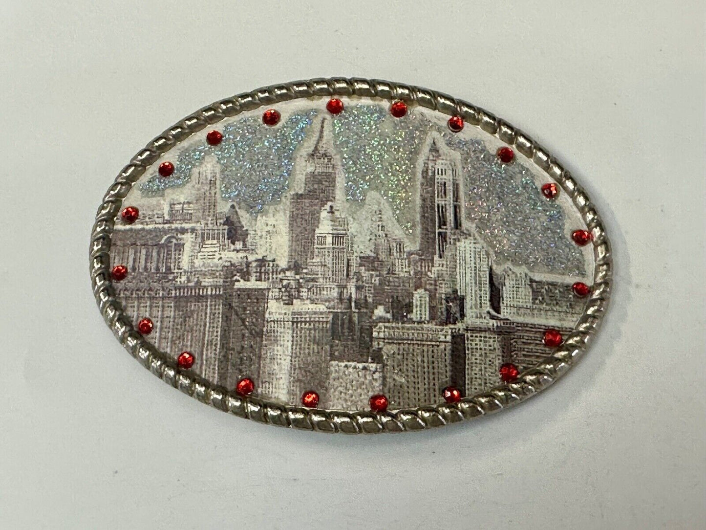 Vintage City Scape Picture Red Rhinestone Accented Oval Belt Buckle