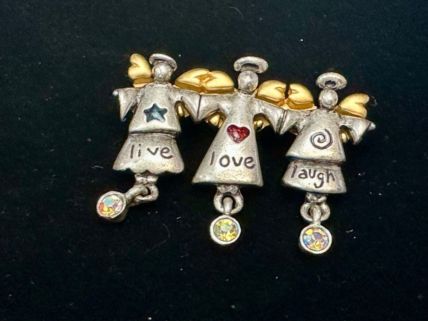 Three Angles - Live Love Laugh , Vintage Christmas Holliday Brooch by AJMC