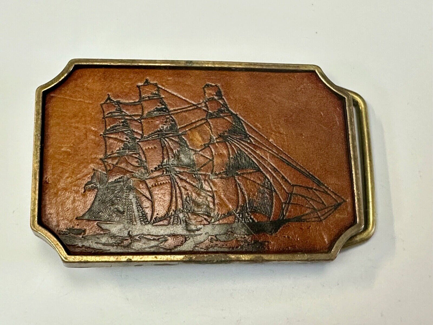 Three mast Sail Boat Ship Nautical theme leather and solid brass BTS belt buckle