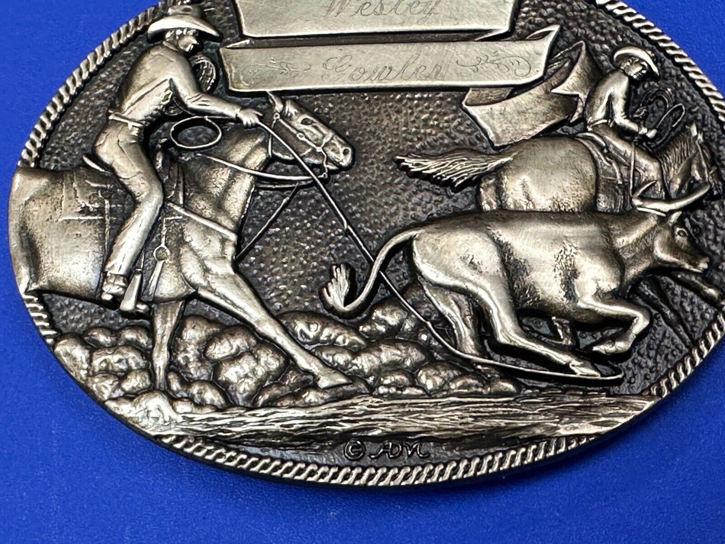The Cattle Drive Western Rodeo Cowboys engraved award ribbon scroll belt buckle