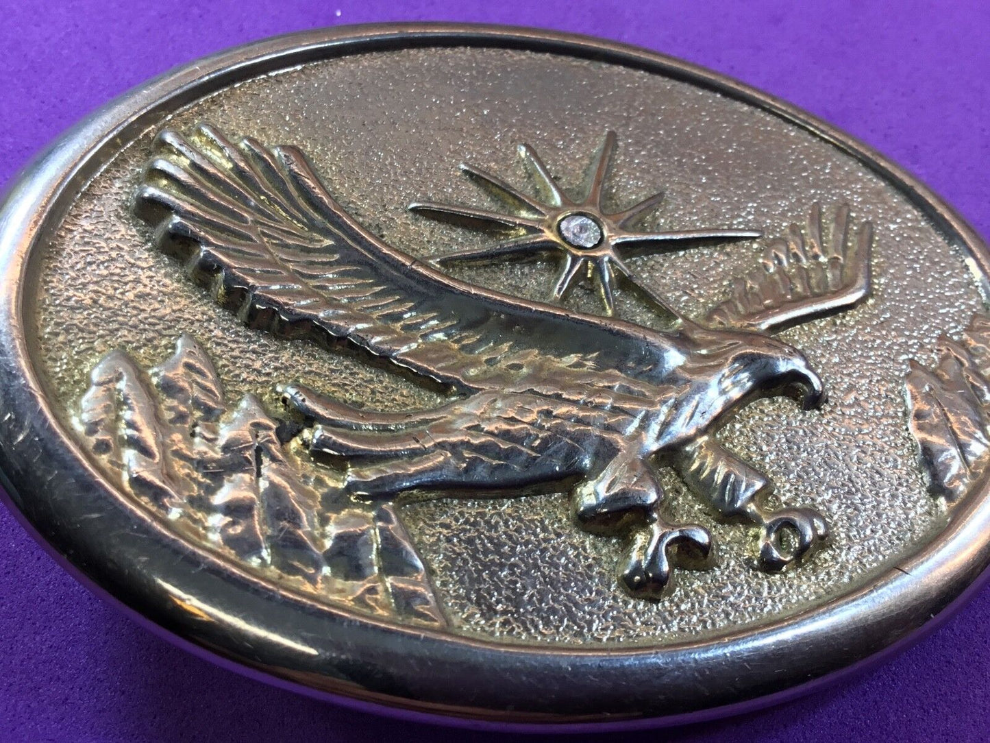 Vintage Belt Buckle. - American Eagle over mountainside featuring Rhinestone