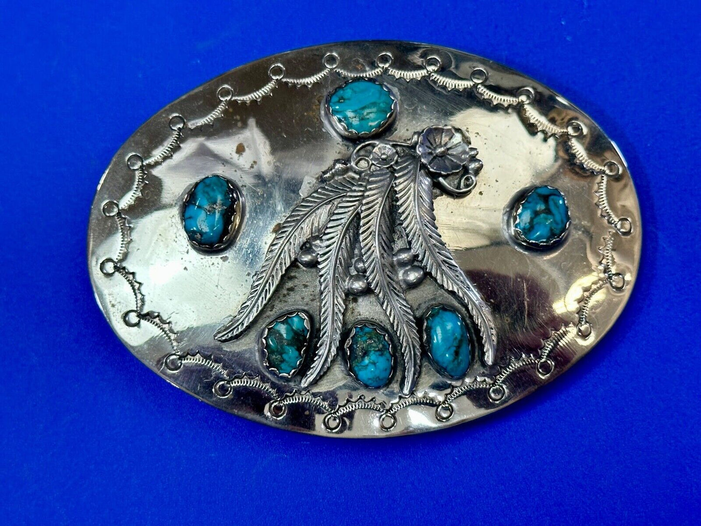 Unique 1980 signed multipal turquoise stones & Feathers belt buckle