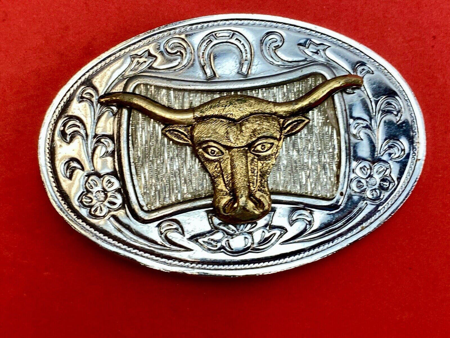 Texas Long Horn Cow Steer Cattle raised western belt buckle - Made in Japan