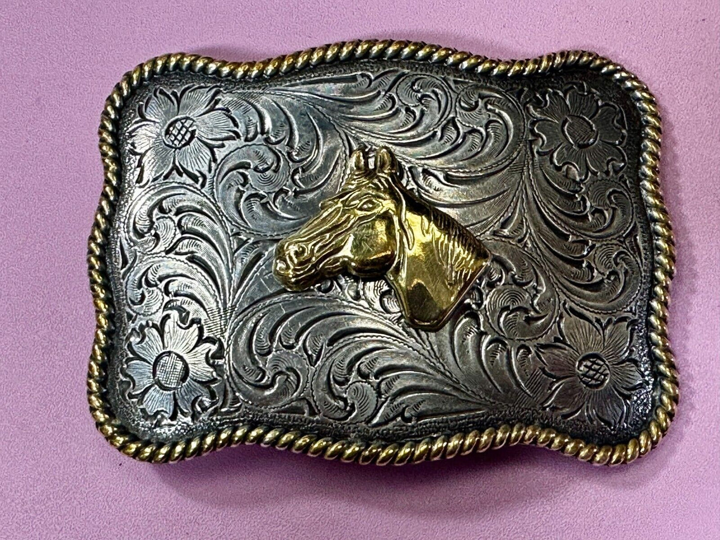 Beautiful Horse Head Centered Flower Swirl Two Tone Western Cowboy Belt Buckle