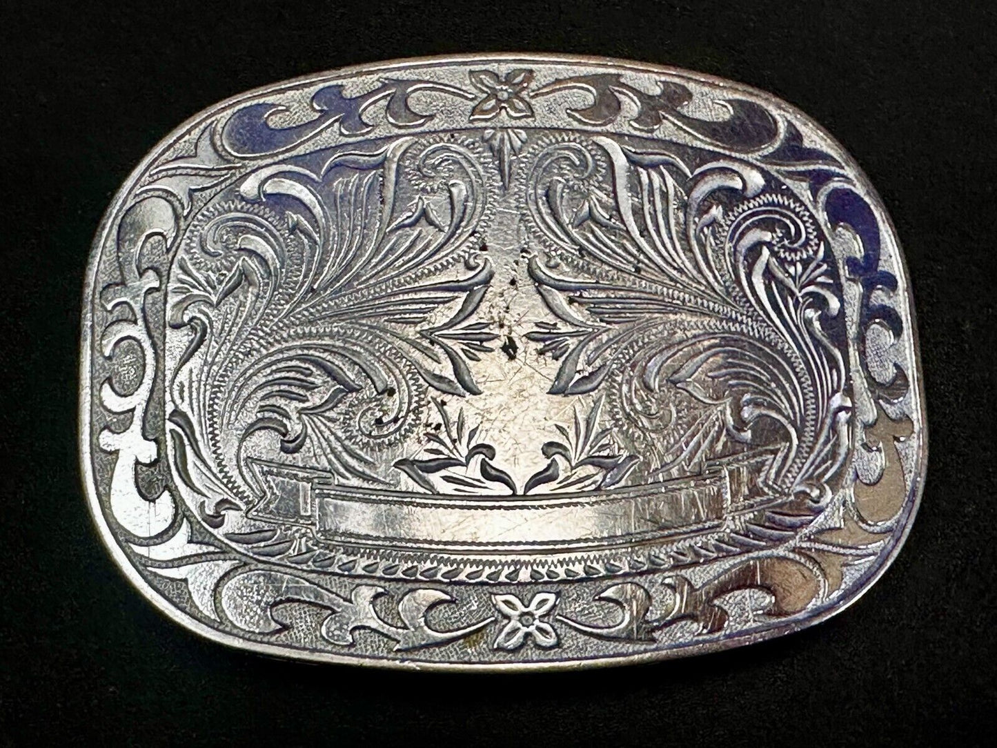 Award Ribbon Scroll To Engrave Western Flower Swirl Design Vintage Belt Buckle
