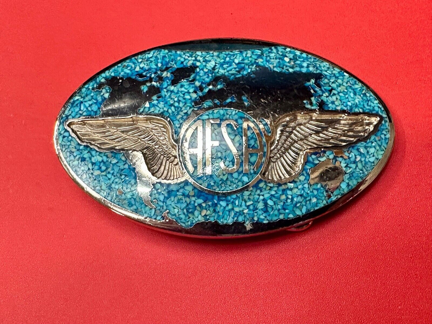 Air Force Sergeants Association AFSA Turquoise Chip inlaid oval belt buckle