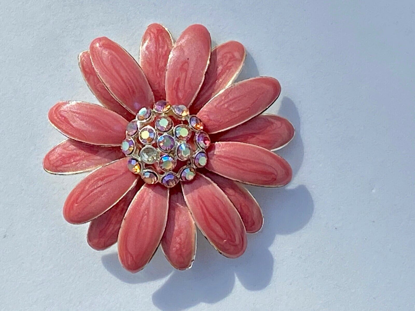 Beautiful Rhinestone Accented Otc Pink Flower Figural Silver Tone Brooch