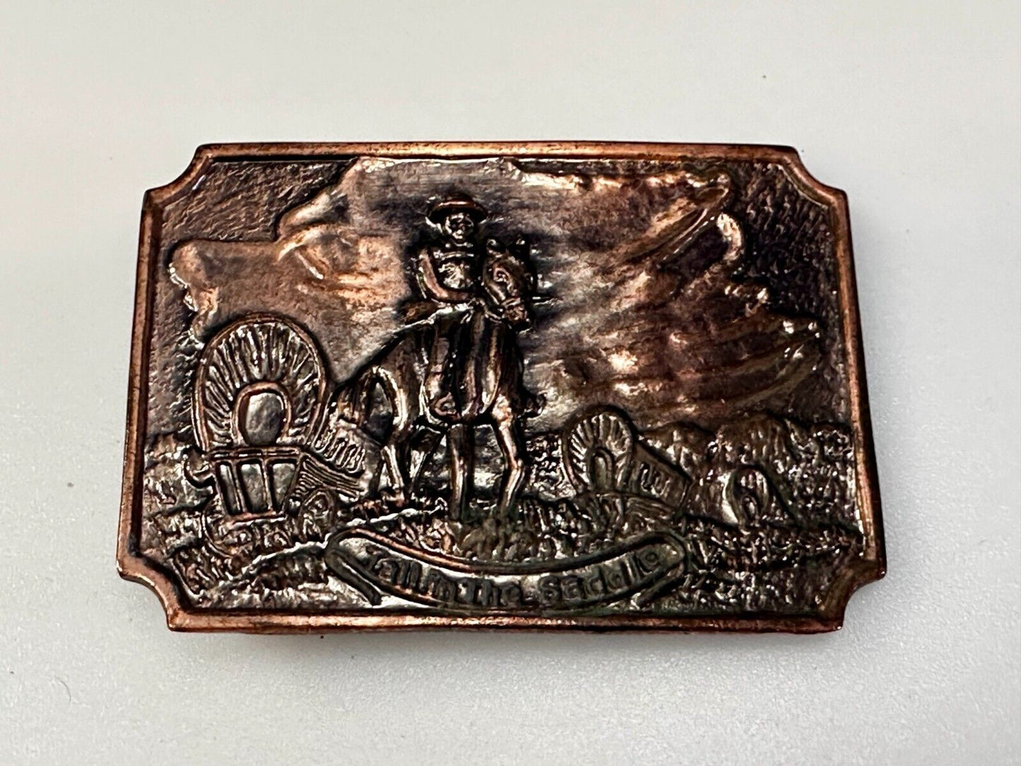 Tall in the Saddle Wagon Cowboy Horse Western Art Scene Vintage Belt Buckle