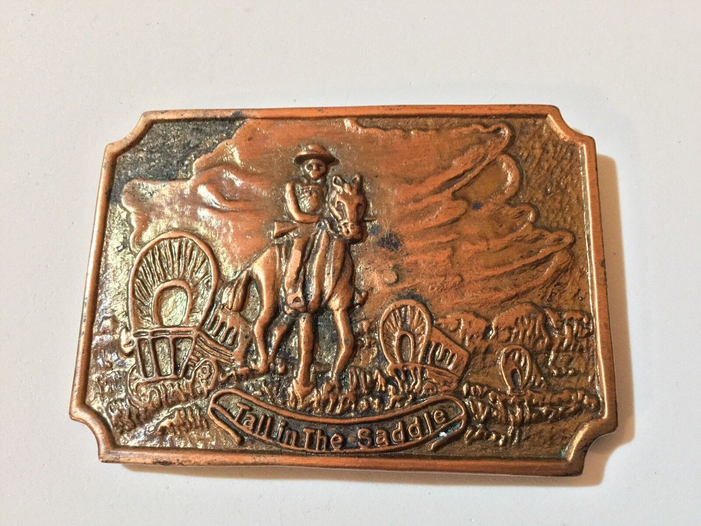 Tall in the saddle belt buckle - covered wagon - out west belt buckle