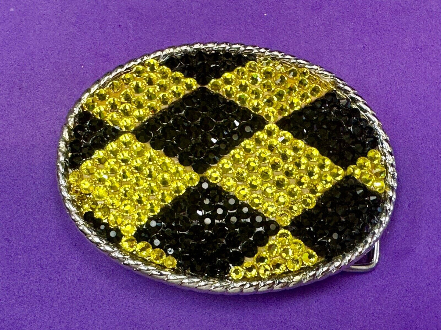 Black yellow rhinestone Jester Diamond Checkerboard pattern 3.5" belt buckle