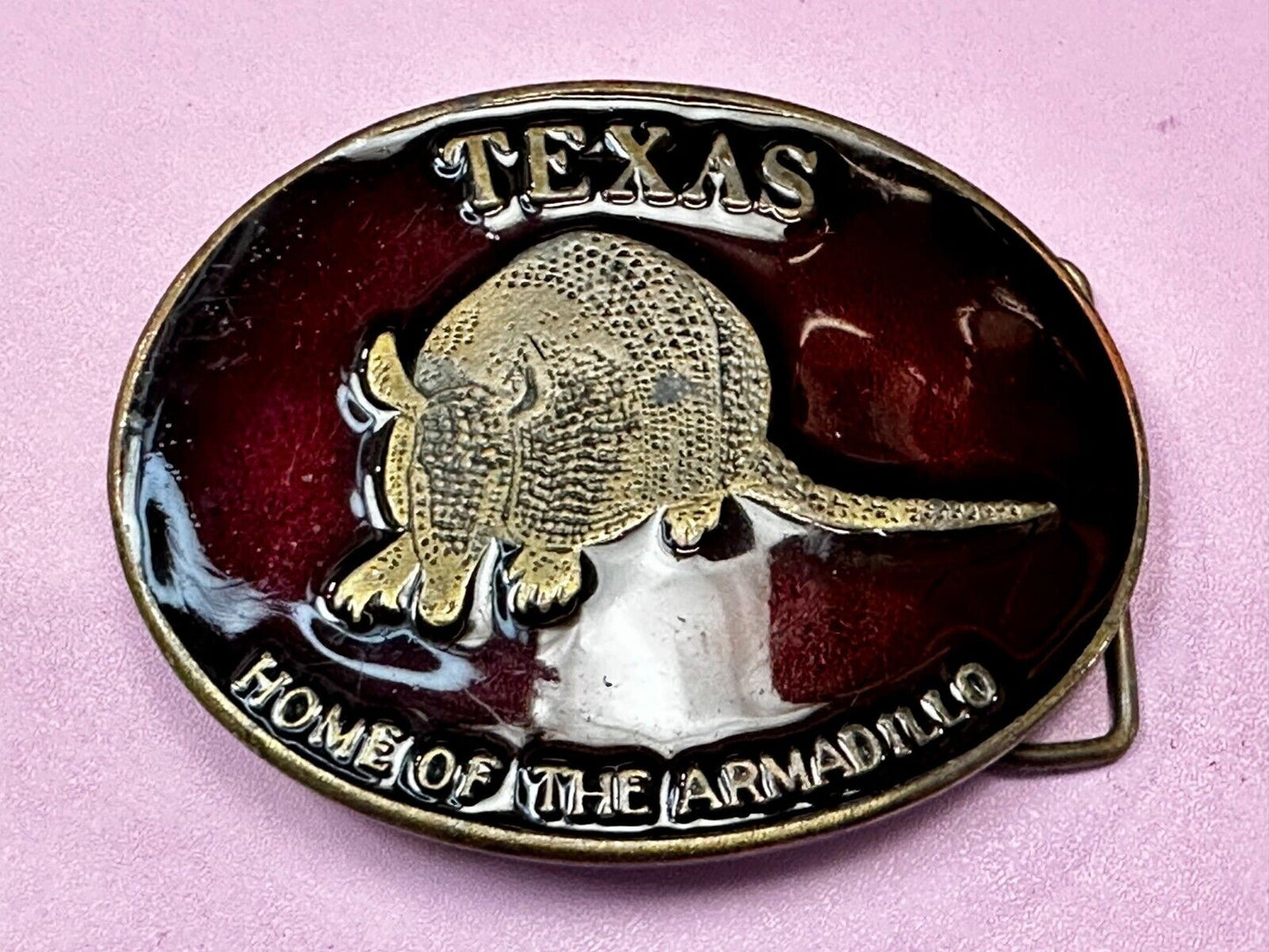 Texas Home of the Armadillo Commemorative Red colored Belt Buckle by Koleaco