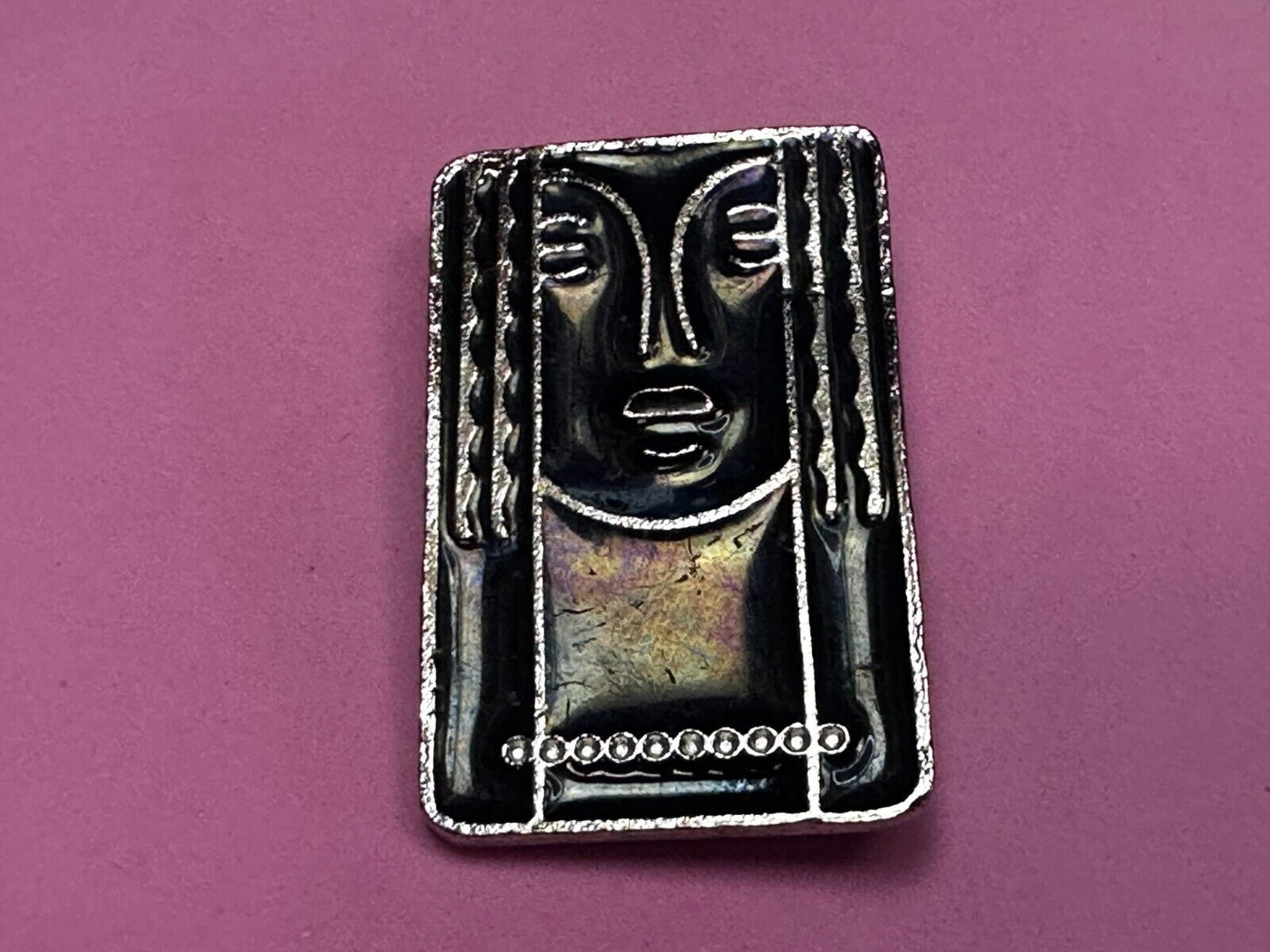 Art Deco Revival Brooch Pendant Pin Signed Ritz - Black Enamel Pewter Face
