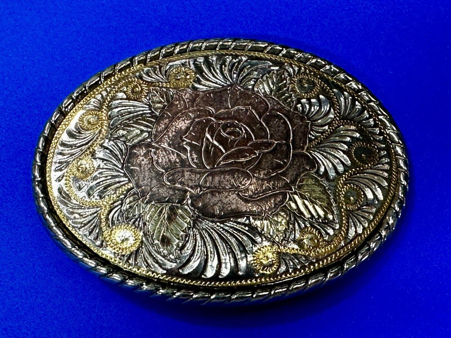 Beautiful Rose Flower Swirl Etched Design Mixed Metal Belt Buckle by W