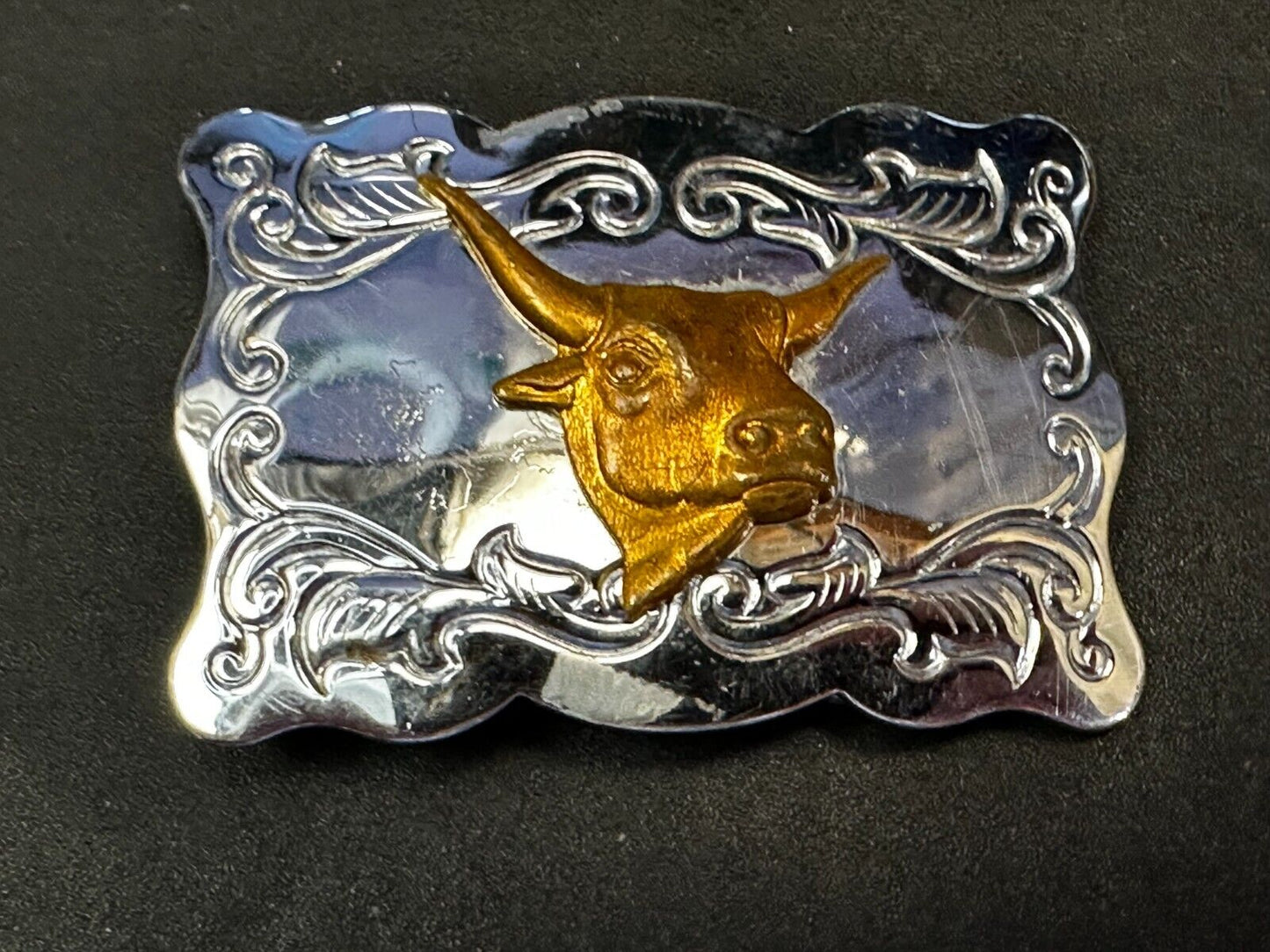 Vintage Cowboys Longhorn W/ Engraved Swirl Pattern Belt Buckle By Chambers