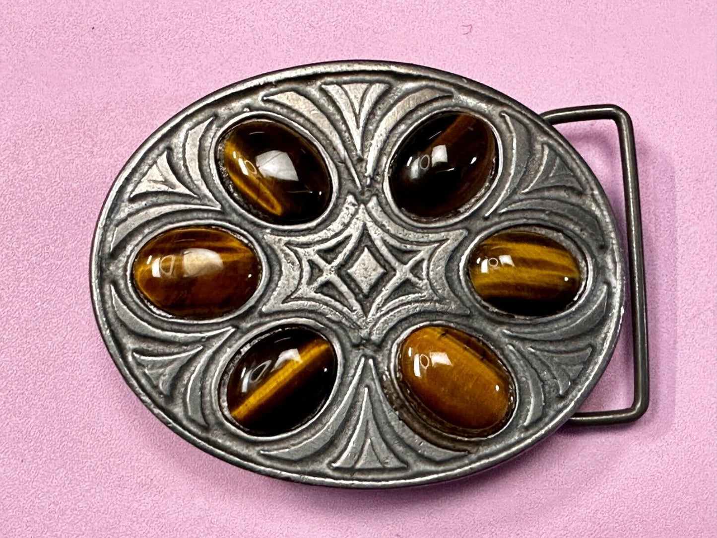 Tigers Eye Gemstones Cabs Native Indian Style? Vintage Pewter Oval Belt Buckle