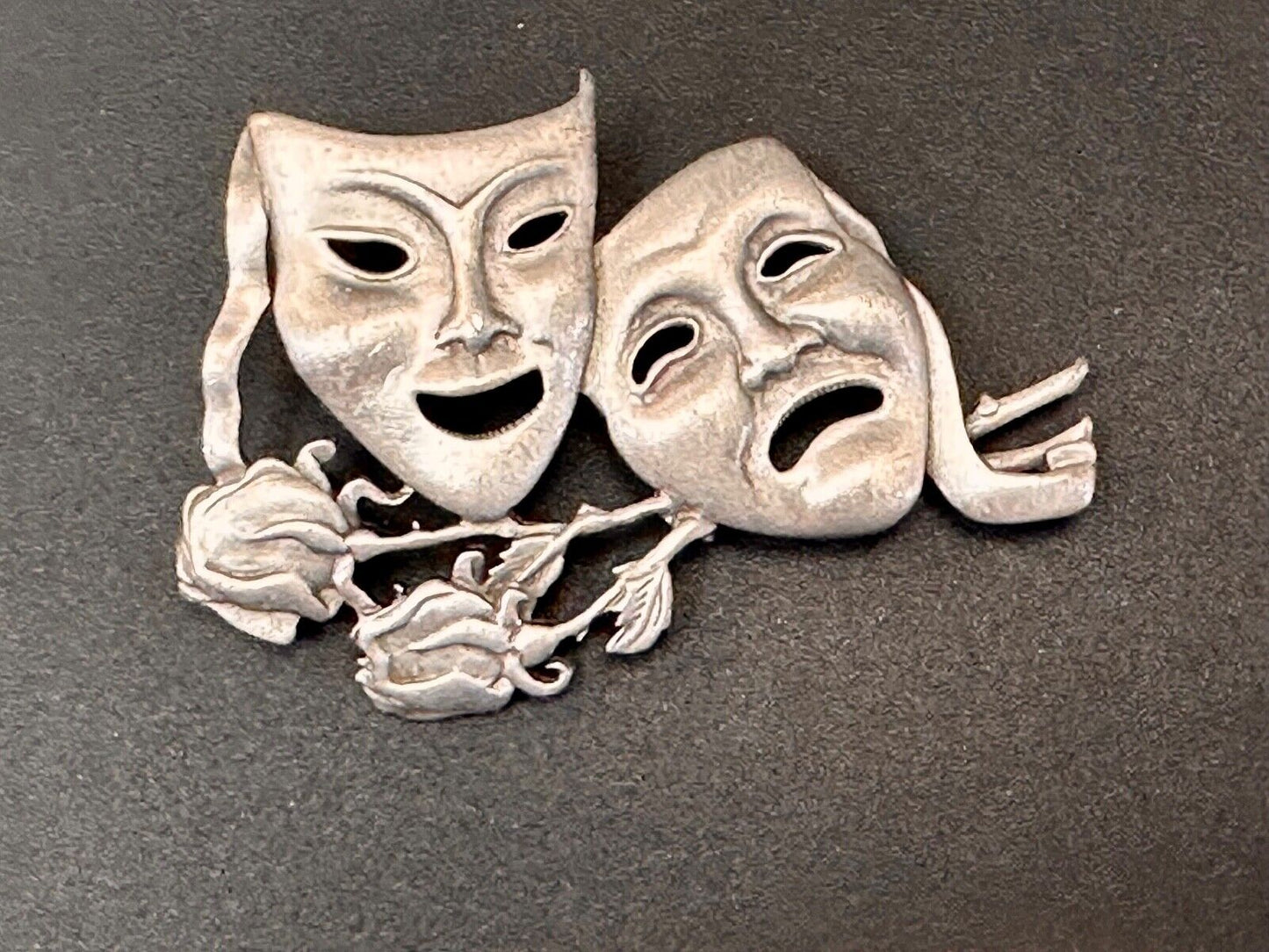 Theater Faces and Roses - Large JJ Signed silver tone vintage brooch pin