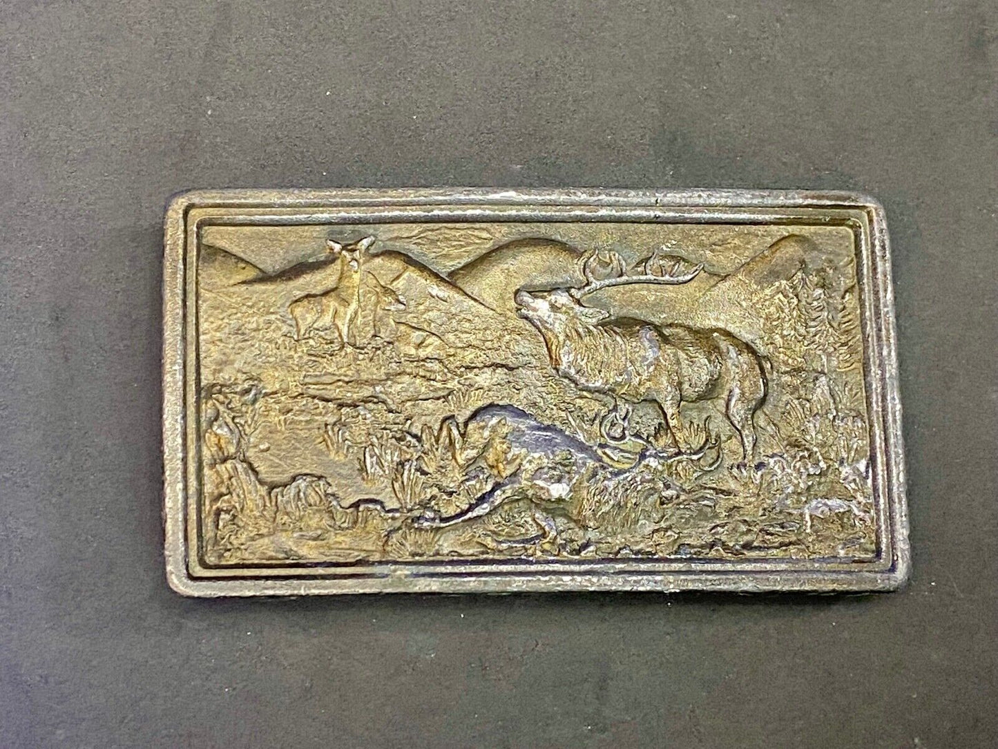 Vintage 1977 Elk Deer Hunting In Nature Belt Buckle By Bergamot Brass Works
