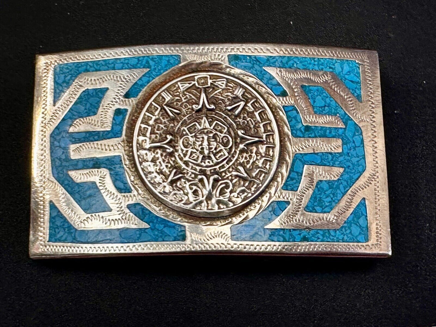 Aztec Mayan Calendar Sun Turquoise Inlay Southwestern Vintage Belt Buckle