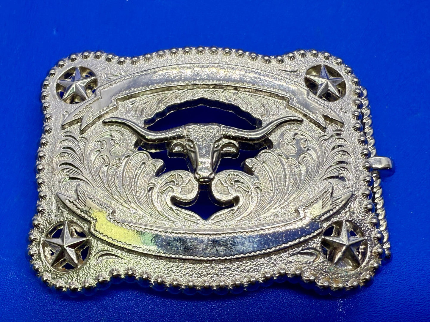 Texas Longhorn Cutout See Through Silver Tone Belt Buckle W/ Stars Award Ribbon