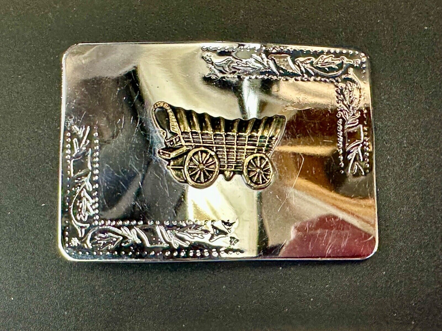 Vintage Covered Wagon two tone reflective rectangular belt buckle