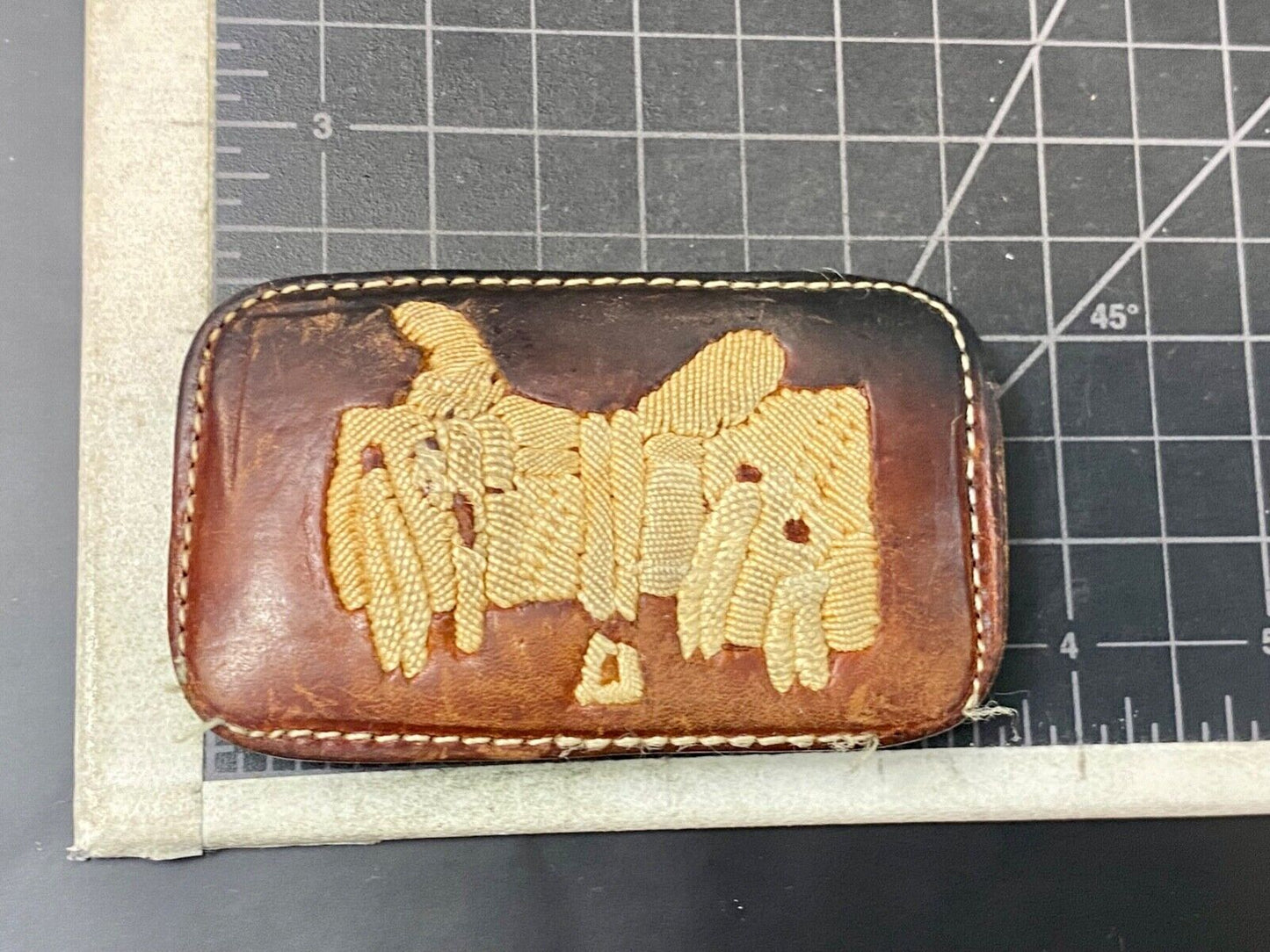 Vintage leather stitched horse saddler belt buckle signed Tres Ranchitas