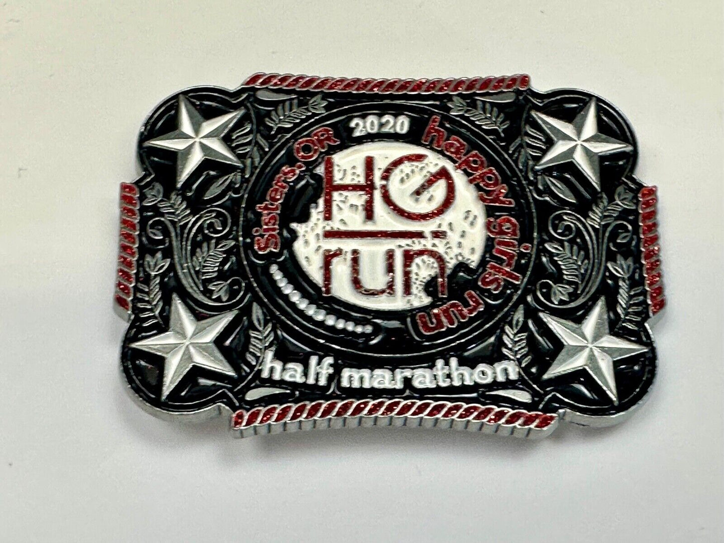 2020 Happy Girls Run HGR marathon silver tone stars in corner belt buckle