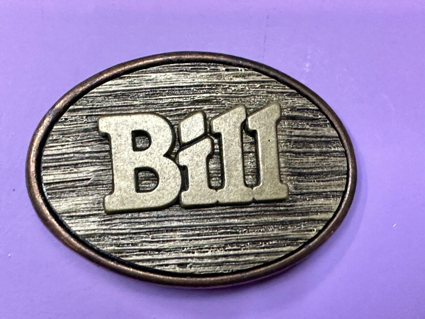 BILL vintage custom name metal faux wood grain Belt Buckle By Oden