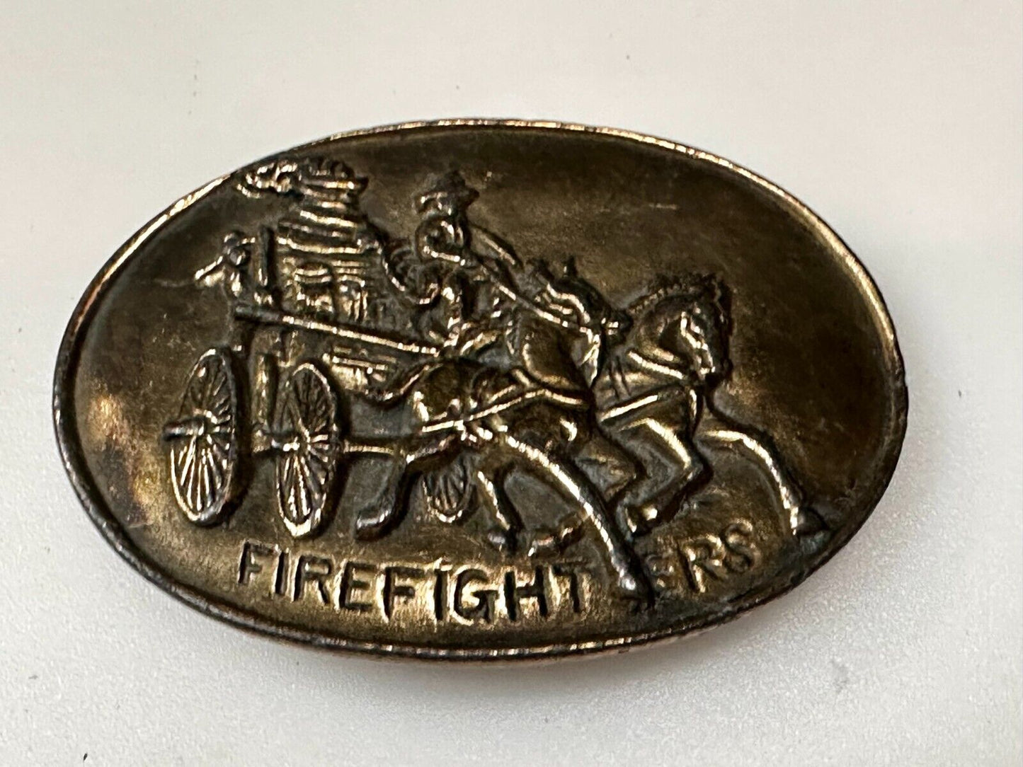 Antique Fire Fighters Fireman Horse Drawn Pumper Wagon Vintage Belt Buckle