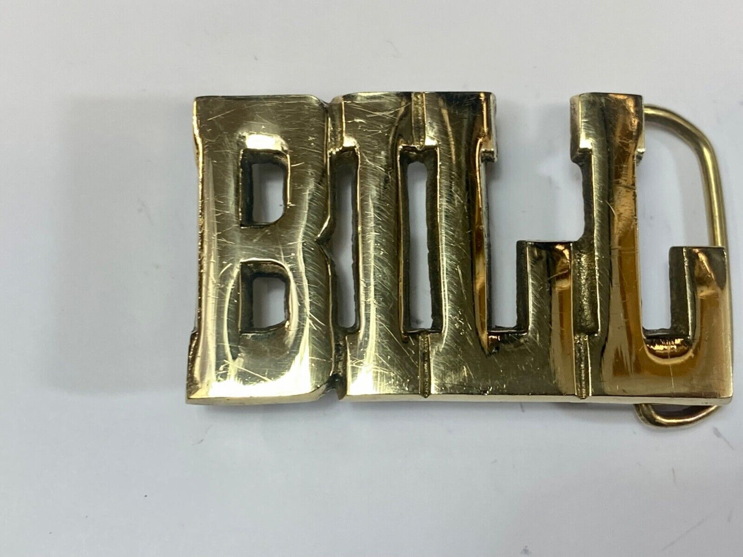 BILL - Name in Cutout block letters solid brass belt buckle stamped Taiwan ROC