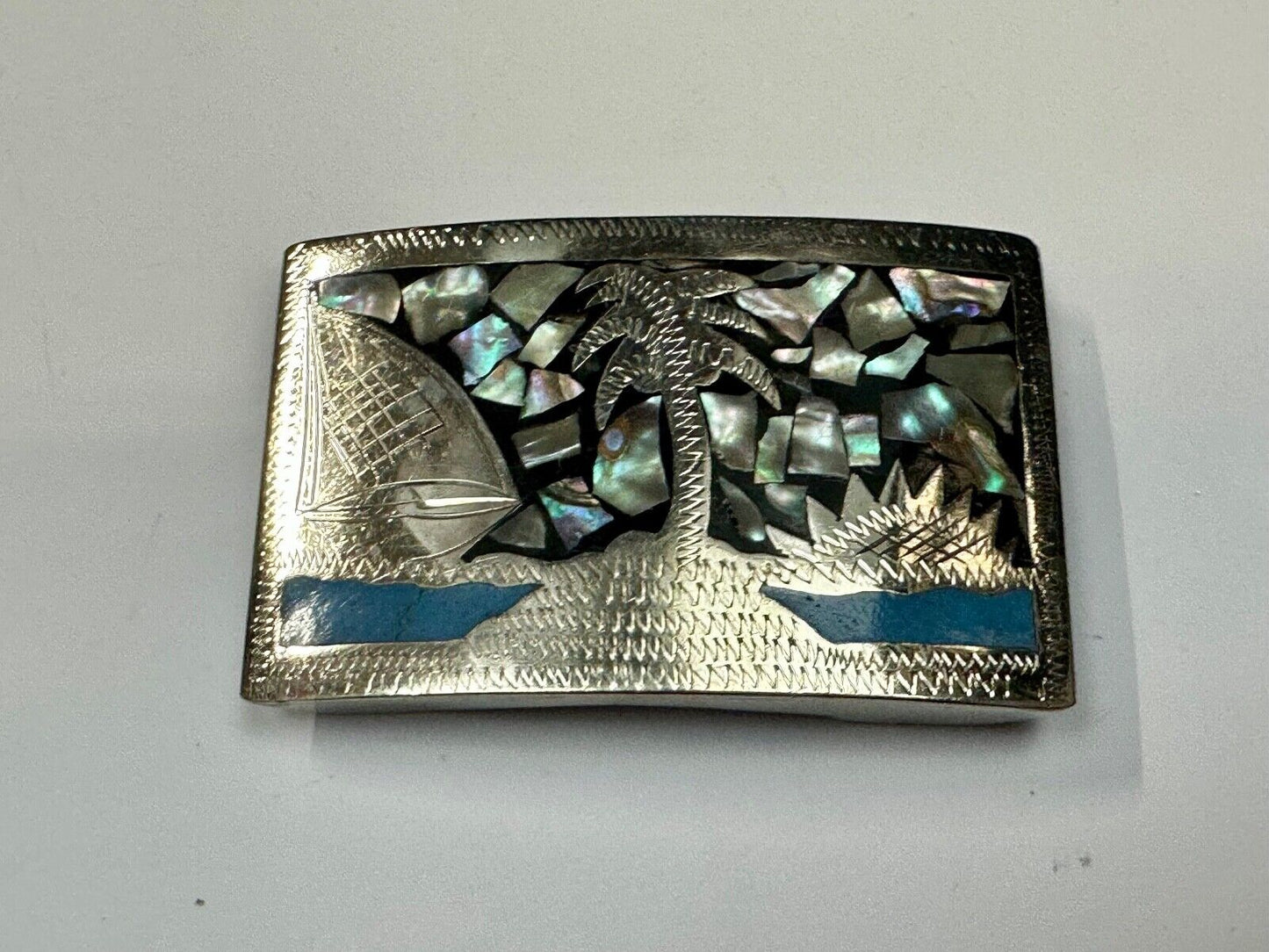 Beach Scene with Palm Tree - Inlaid Turquoise, Abalone Shell Vintage belt buckle
