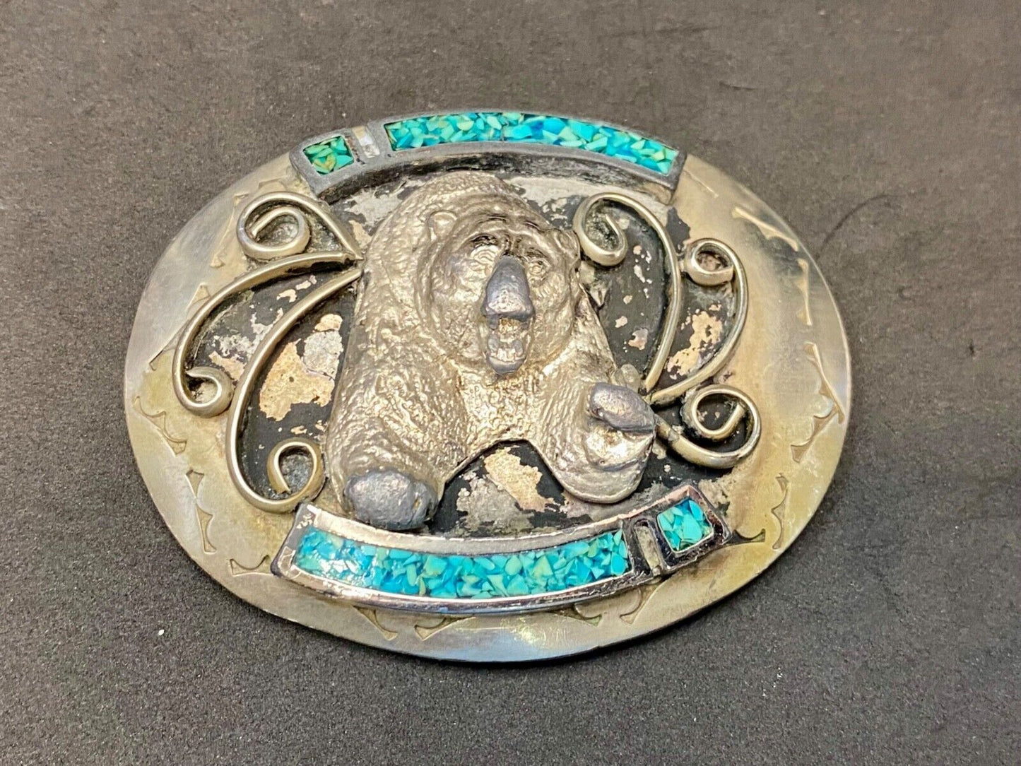 Bear Coming At You! Crushed Turquoise Belt Buckle - Hallmarked Nc? Navajo?