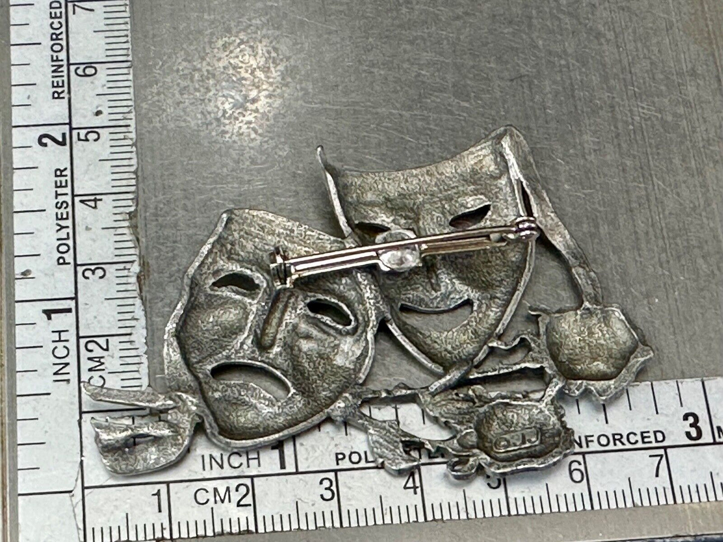 Theater Faces and Roses - Large JJ Signed silver tone vintage brooch pin