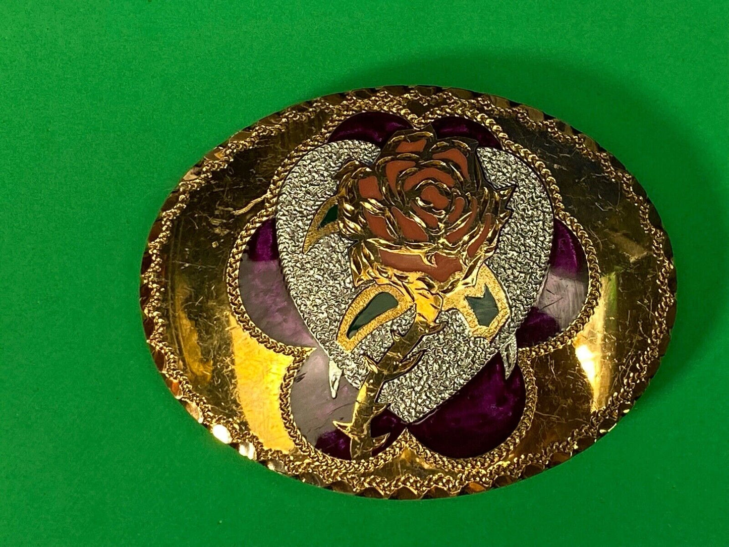 Beautiful Rose - S. O. Steele 1993 vintage inlaid artisan QUALITY belt buckle