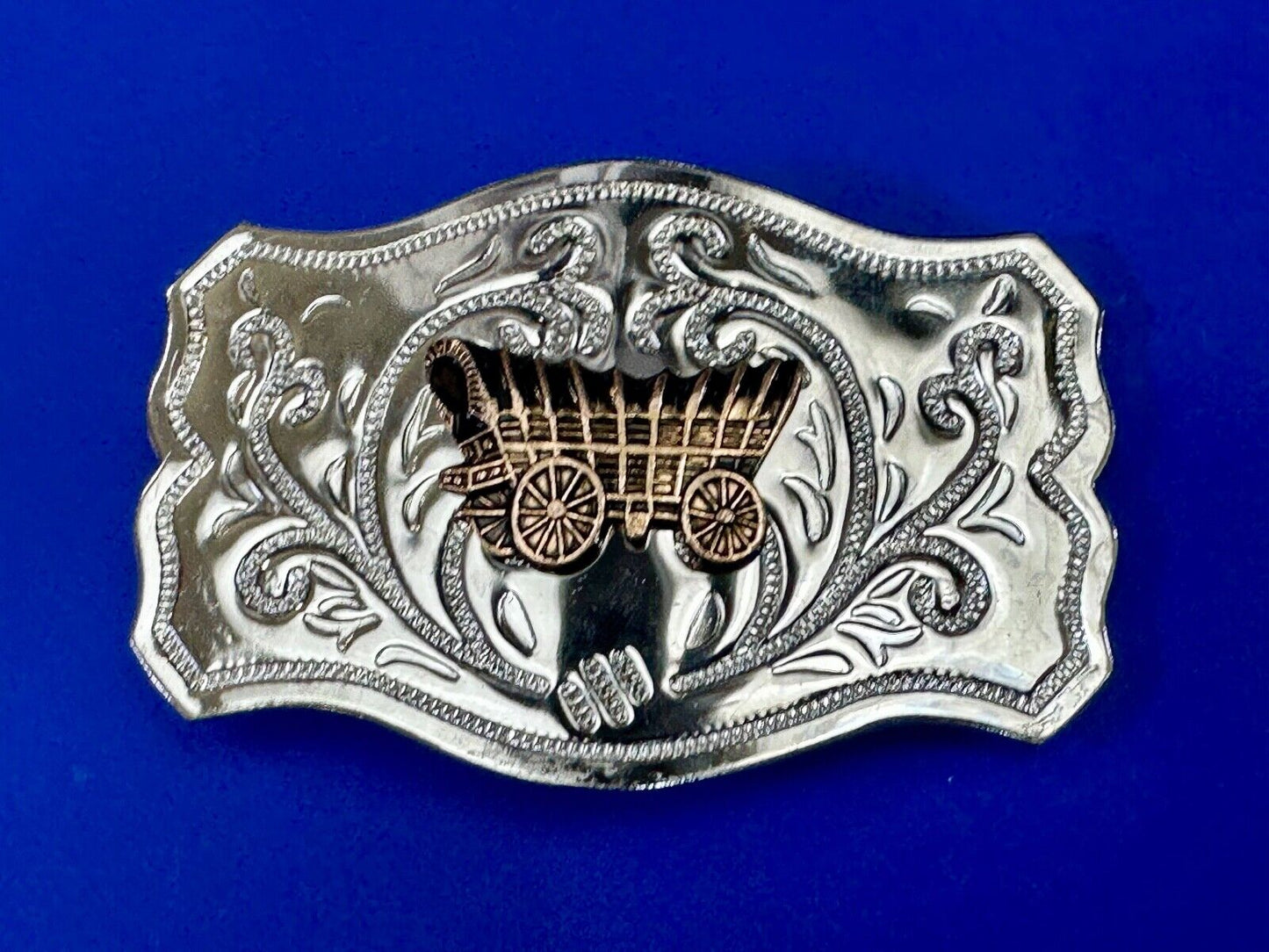Vintage Covered Wagon - western two tone outlined ornate belt buckle
