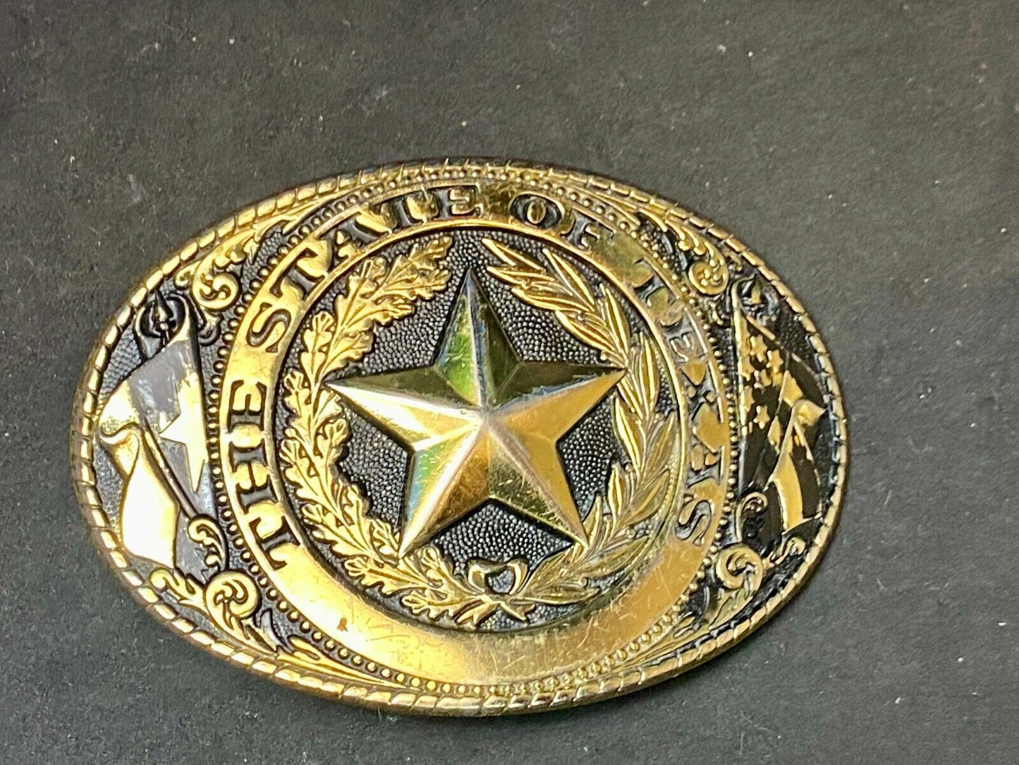 The State Of Texas Star Flag Ornate Gold Color Western Belt Buckle Marked W