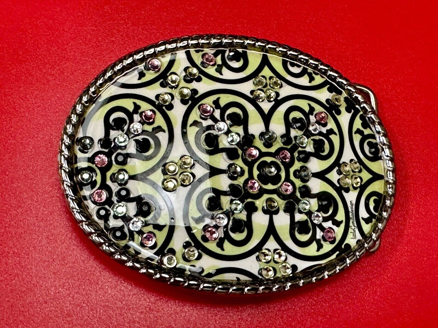 Artisan western oval girlie pink & green rhinestone accented belt buckle