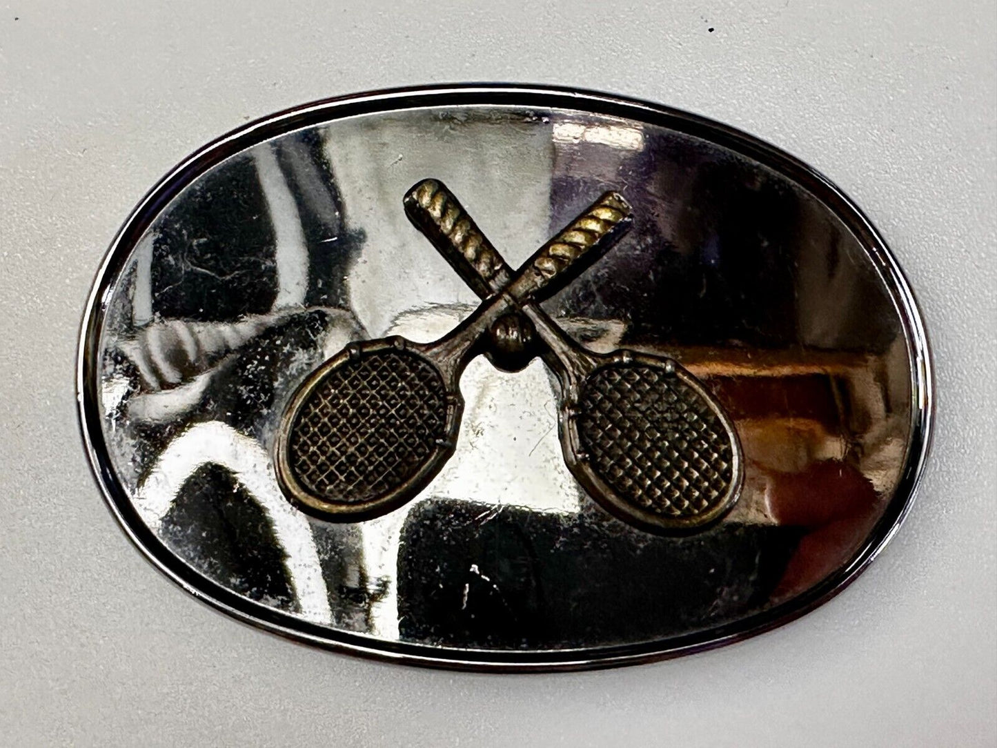 Tennis Racquet's Sports Fan's Vintage Two Tone Reflective Oval Belt Buckle