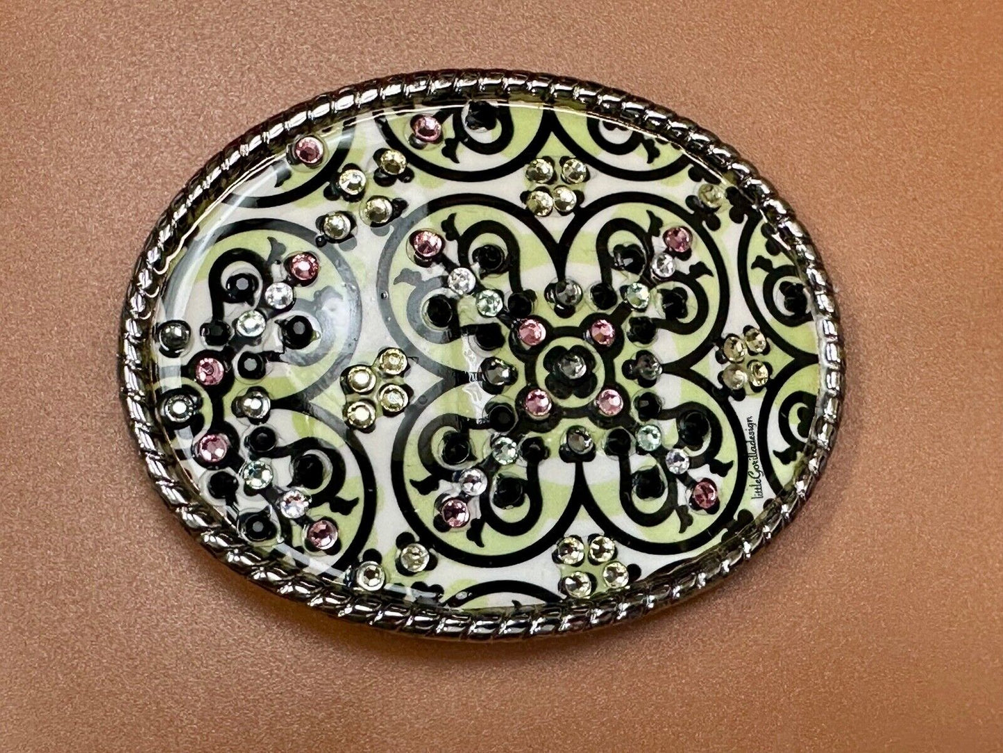 Artisan western oval girlie pink & green rhinestone accented belt buckle