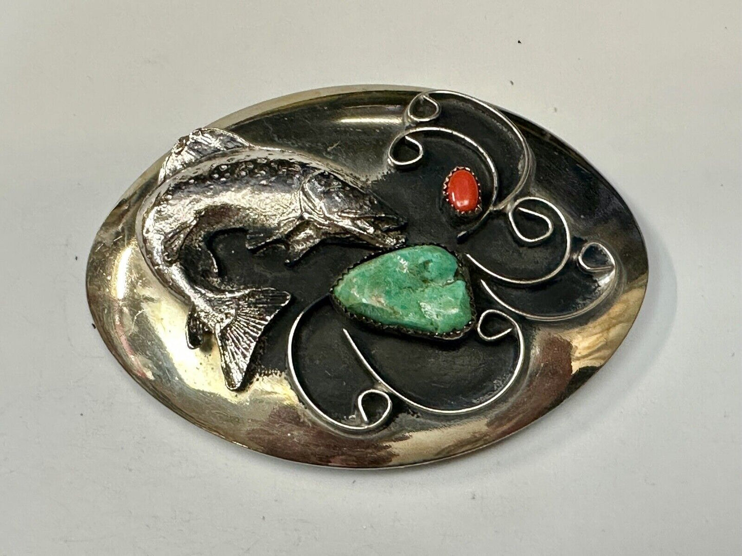 Bass Fish - Turquoise & Coral accented Native American Indian Style Belt Buckle