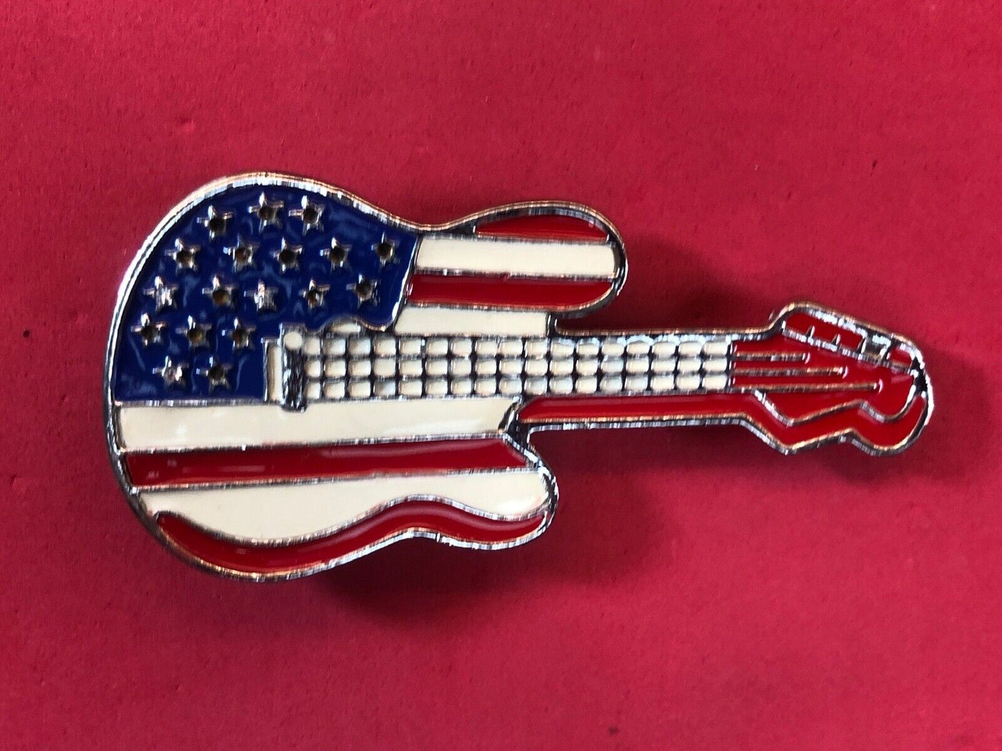 American USA flag colors on figural cut out guitar belt buckle Rock & Roll!