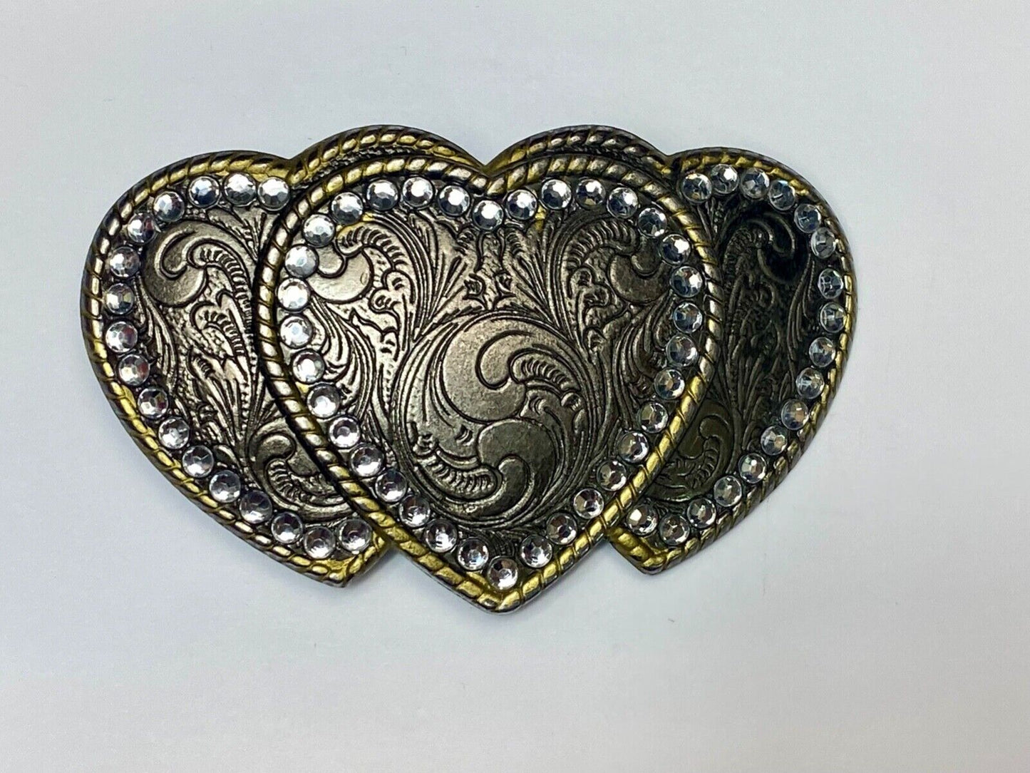 Three hearts ornate flower swirl belt buckle with thick rhinestone boarder