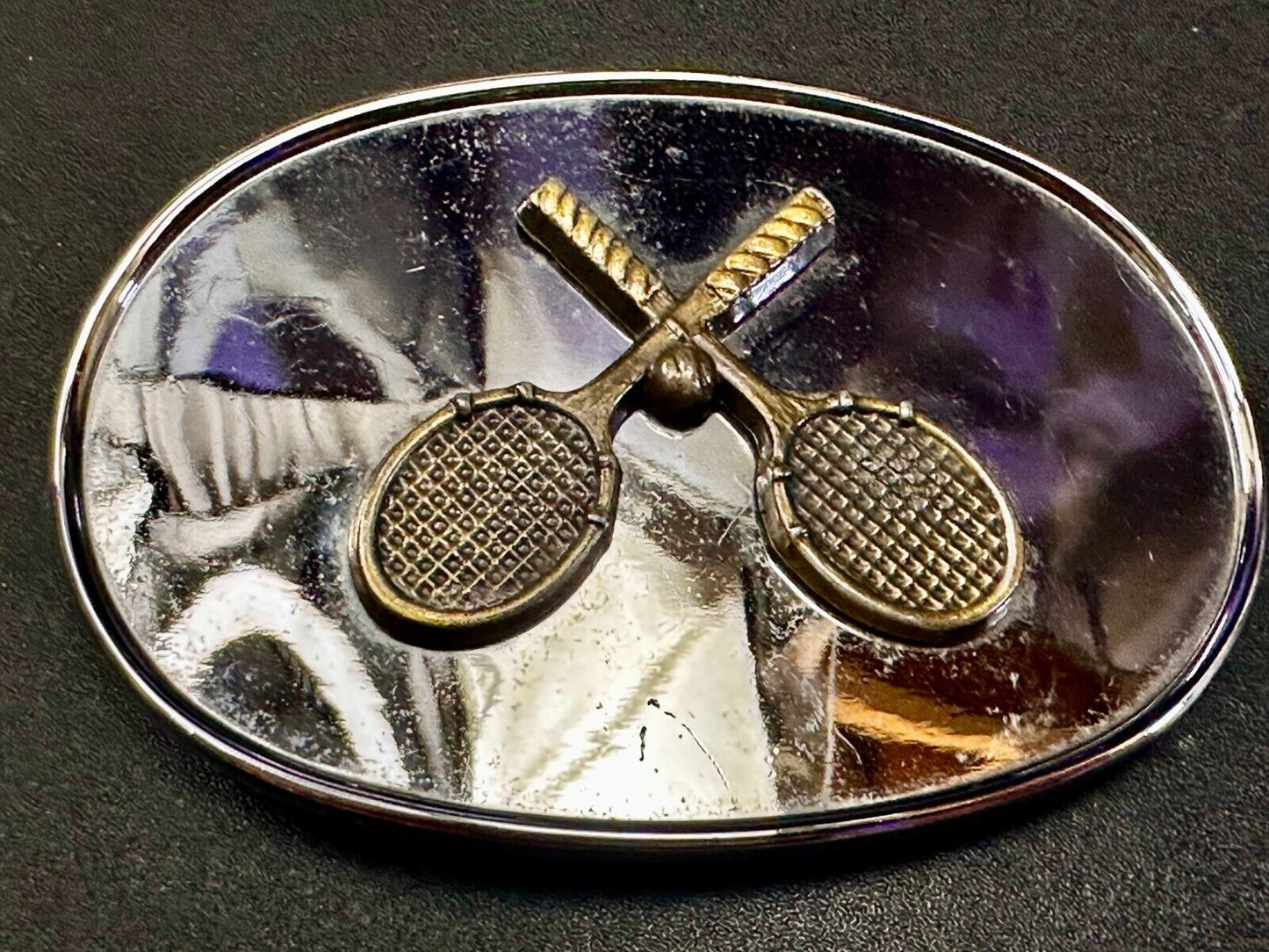 Tennis Racquet's Sports Fan's Vintage Two Tone Reflective Oval Belt Buckle