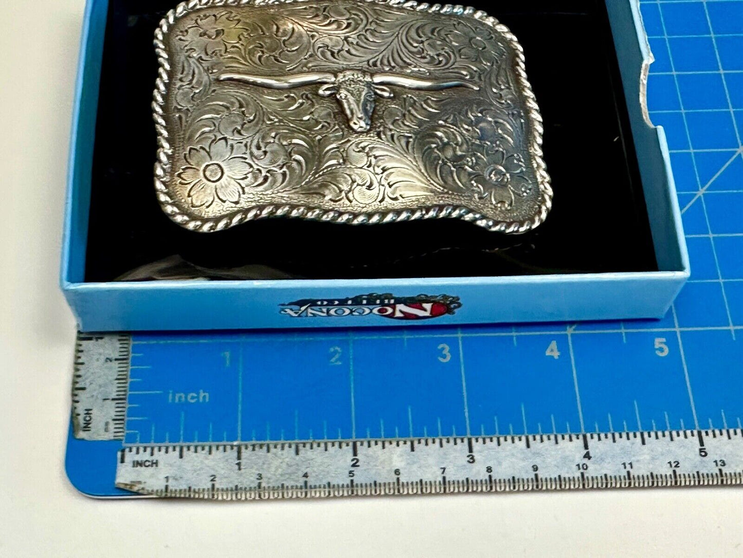 Texas Longhorn Steer Cowboy ornate flower swirl Nocona belt buckle in box