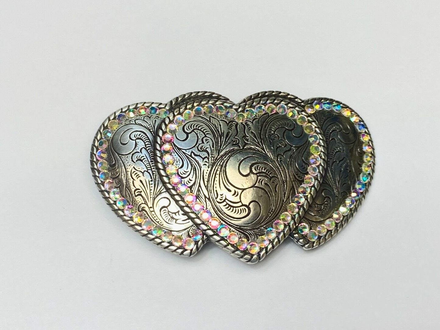Three Hearts - Ornate Shaped Cowboy Cowgirl Rhinestone Accented Belt Buckle
