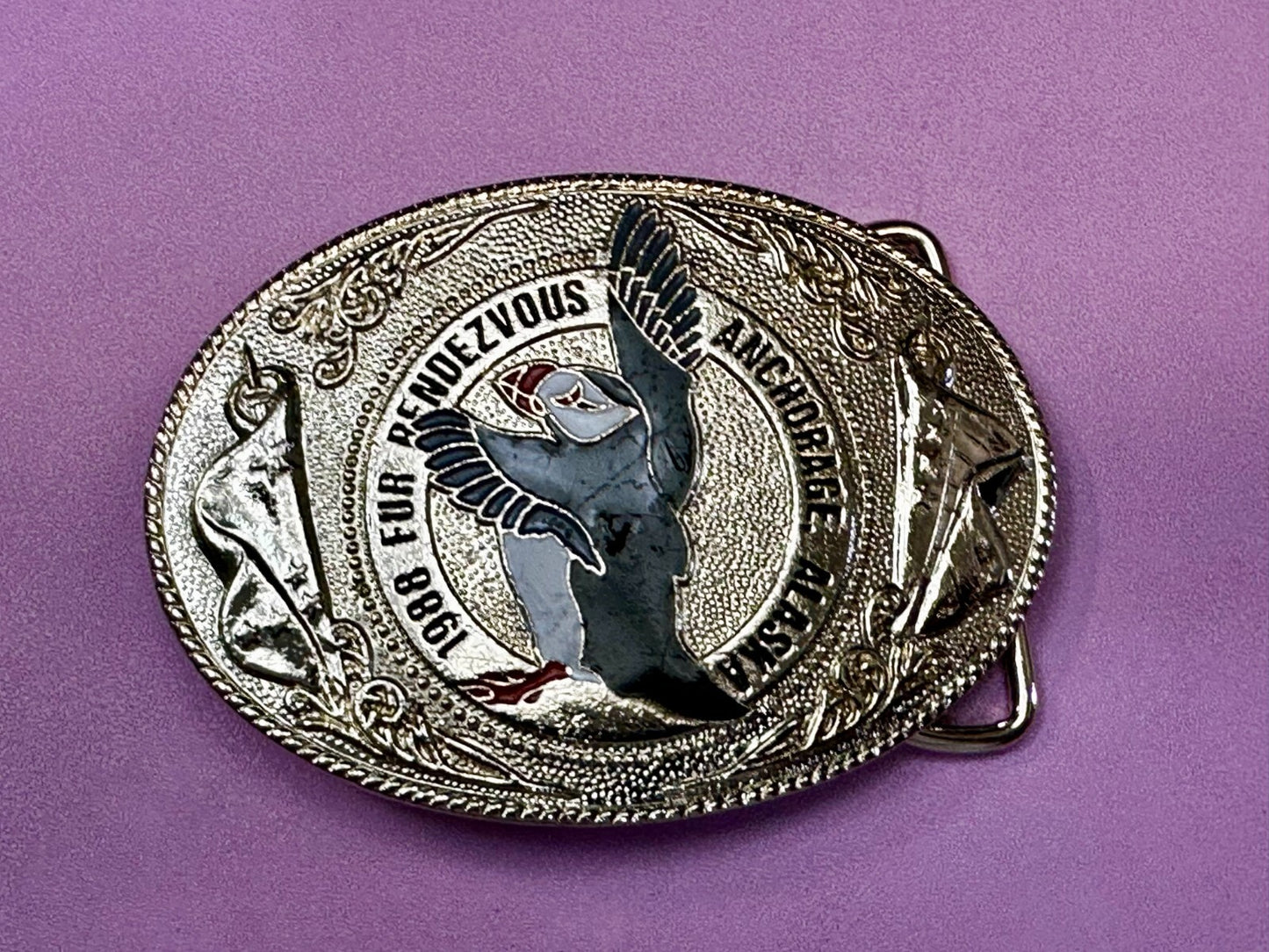 1988 Fur Rendezvous Anchorage Alaska Flag Bald Eagle Commemorative Belt Buckle