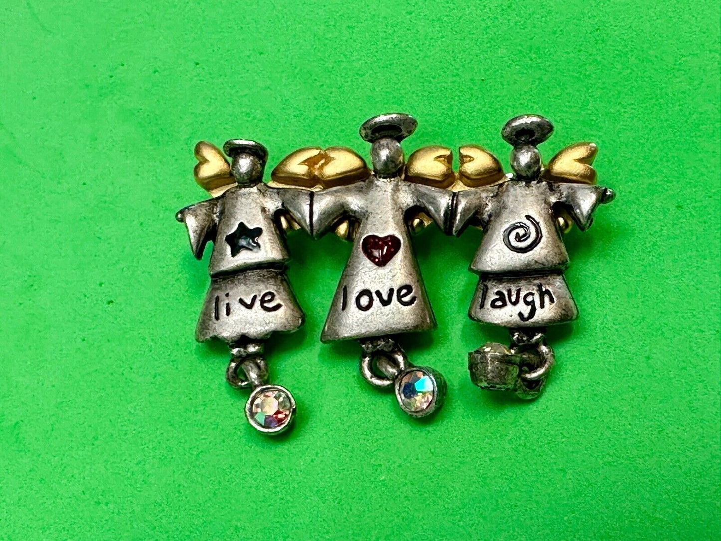 Three Angles - Live Love Laugh , Vintage Christmas Holliday Brooch by AJMC