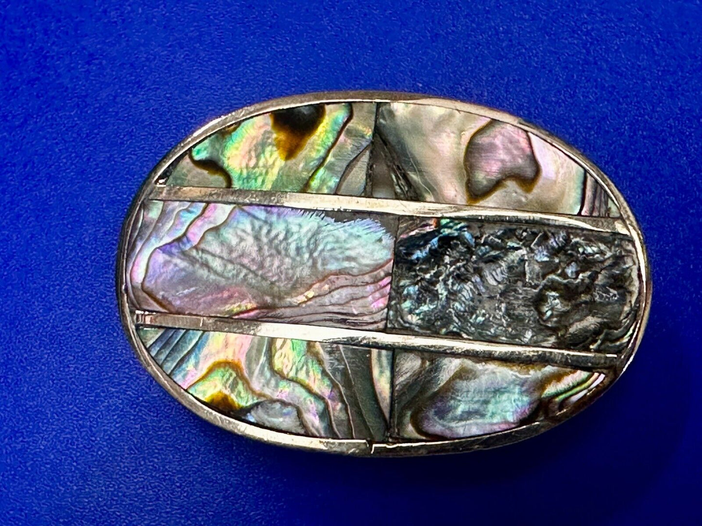 Artisan Natural Abalone Shell Vintage Oval Belt Buckle Marked Mexico