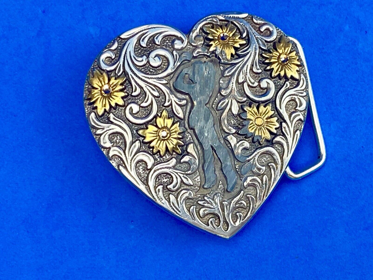 2007 Ivan belt buckle - Western HEART figure of cowgirl? w/ gold color accents