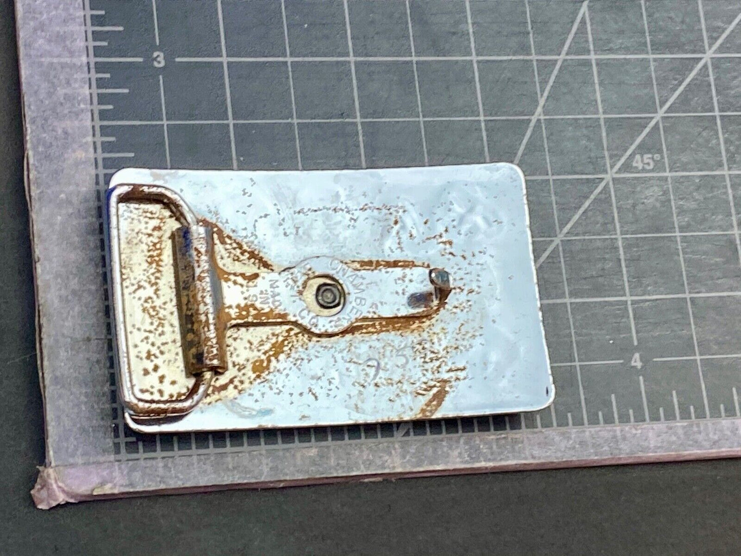 Vintage Chaimbers covered wagon western belt buckle with branding signs marks