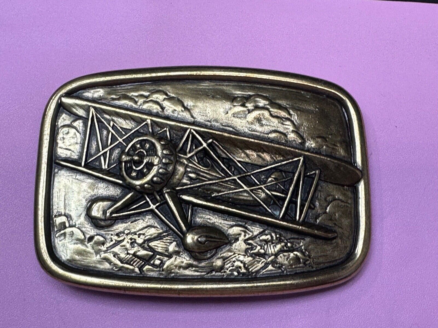 Bi-Plane Pilots Airplane brass tone Belt Buckle by Avon